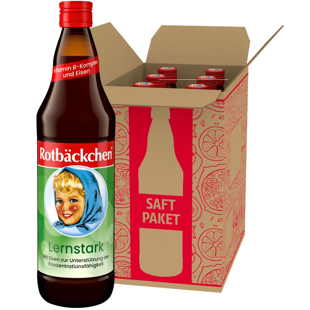 Rotbäckchen Lernstark Flasche mit Etikett, Kind-Illustration. Karton mit weiteren Flaschen. Roter Verschluss.