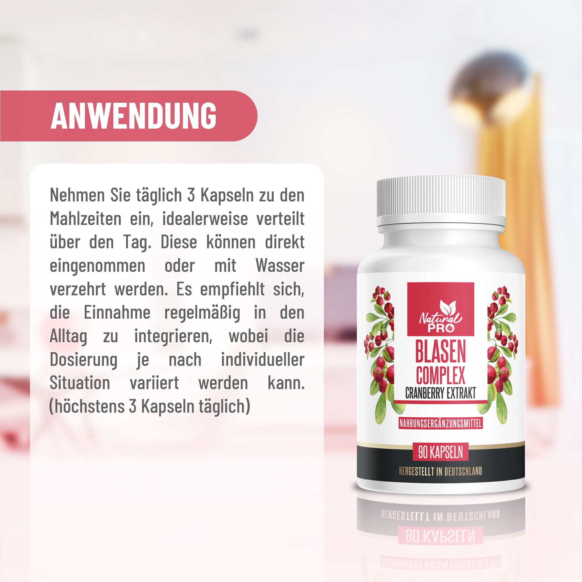 Anwendungshinweis. Text neben einer Flasche Natural Pro Blasen Complex. Einnahme: 3 Kapseln täglich zu den Mahlzeiten.
