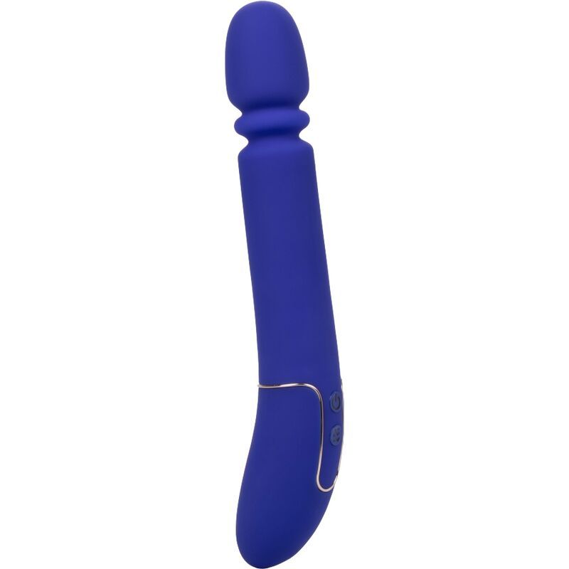 Blauer Vibrator mit abgerundetem Kopf und gebogenem Schaft. Goldfarbene Akzente und Bedienelemente.