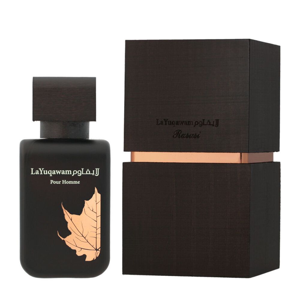 Dunkelbraune Flasche und Verpackung. Aufschrift La Yuqawam Pour Homme. Blatt-Design. Holzoptik.