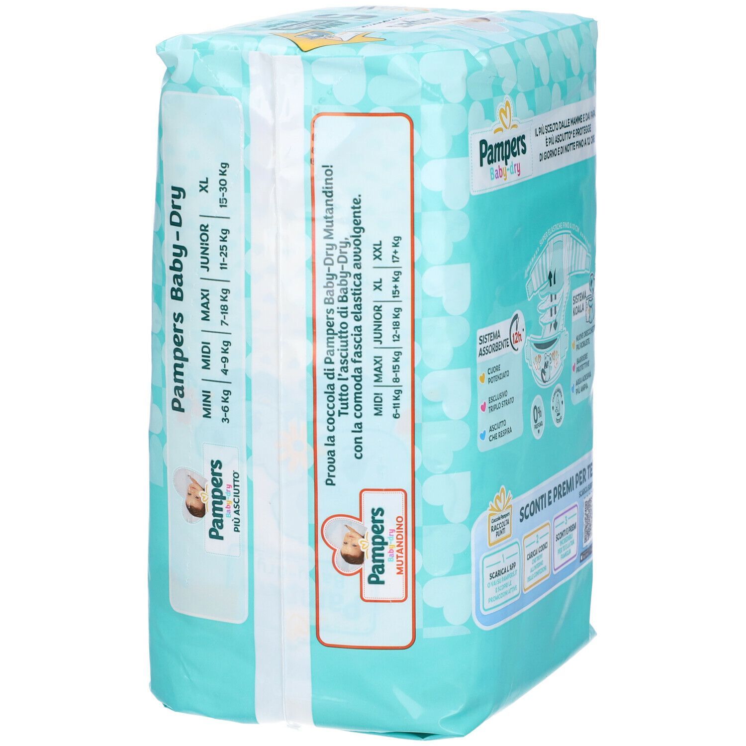 Confezione di pannolini Pampers Baby Dry. Design turchese e bianco. Taglie: Mini a XXL. Stampe: bambino, caratteristiche del prodotto. Taglia 5 Junior.