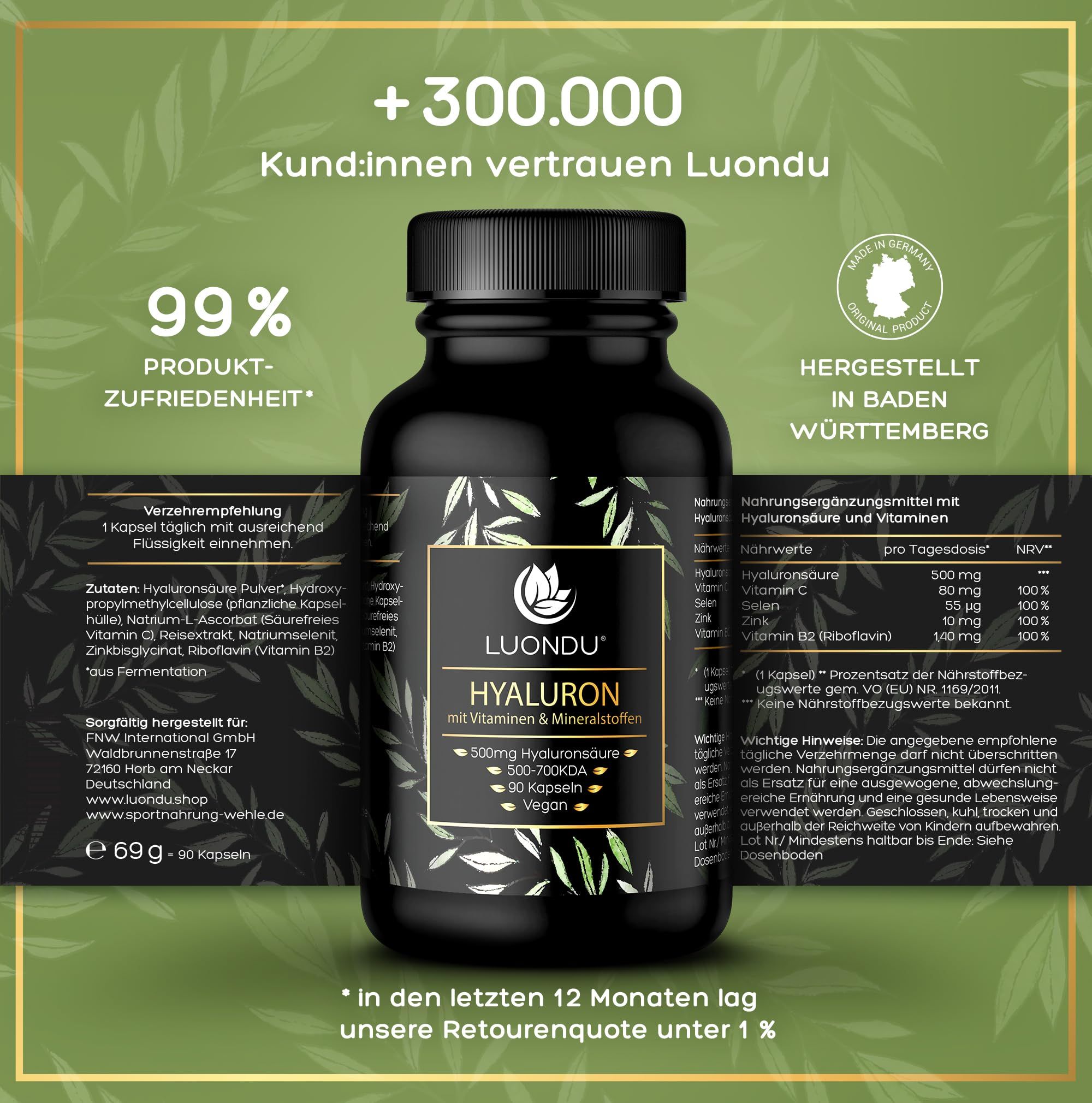 Hyaluron Hochdosiert - 90 Kapseln - 500mg Hyaluronsäure pro Kapsel - Luondu®