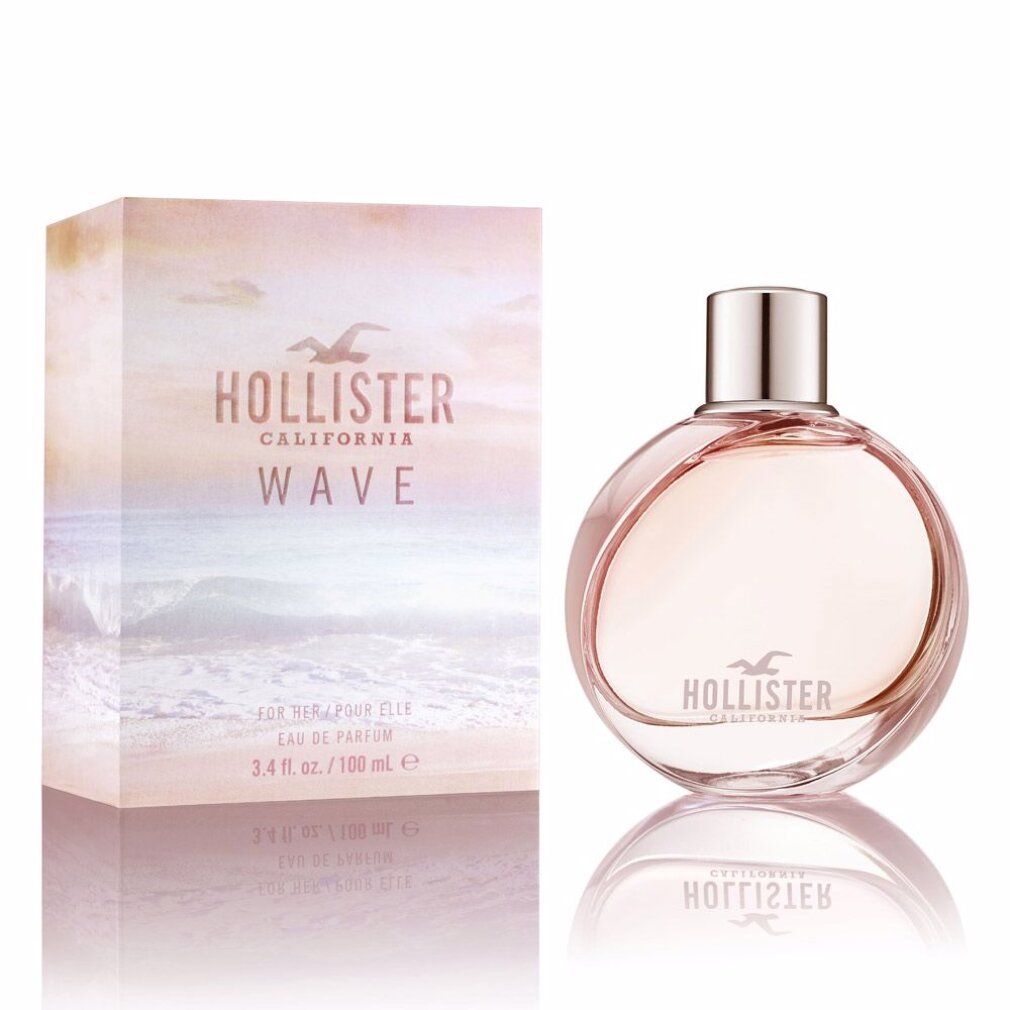 Runder Flakon mit silbernem Deckel und Verpackung. Aufschrift: Hollister California Wave. 100 ml.