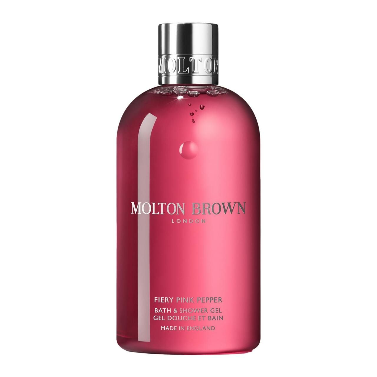 Runde Flasche mit pinkfarbenem Duschgel. Silberner Deckel. Schriftzug: Molton Brown, Fiery Pink Pepper, Bath & Shower Gel.