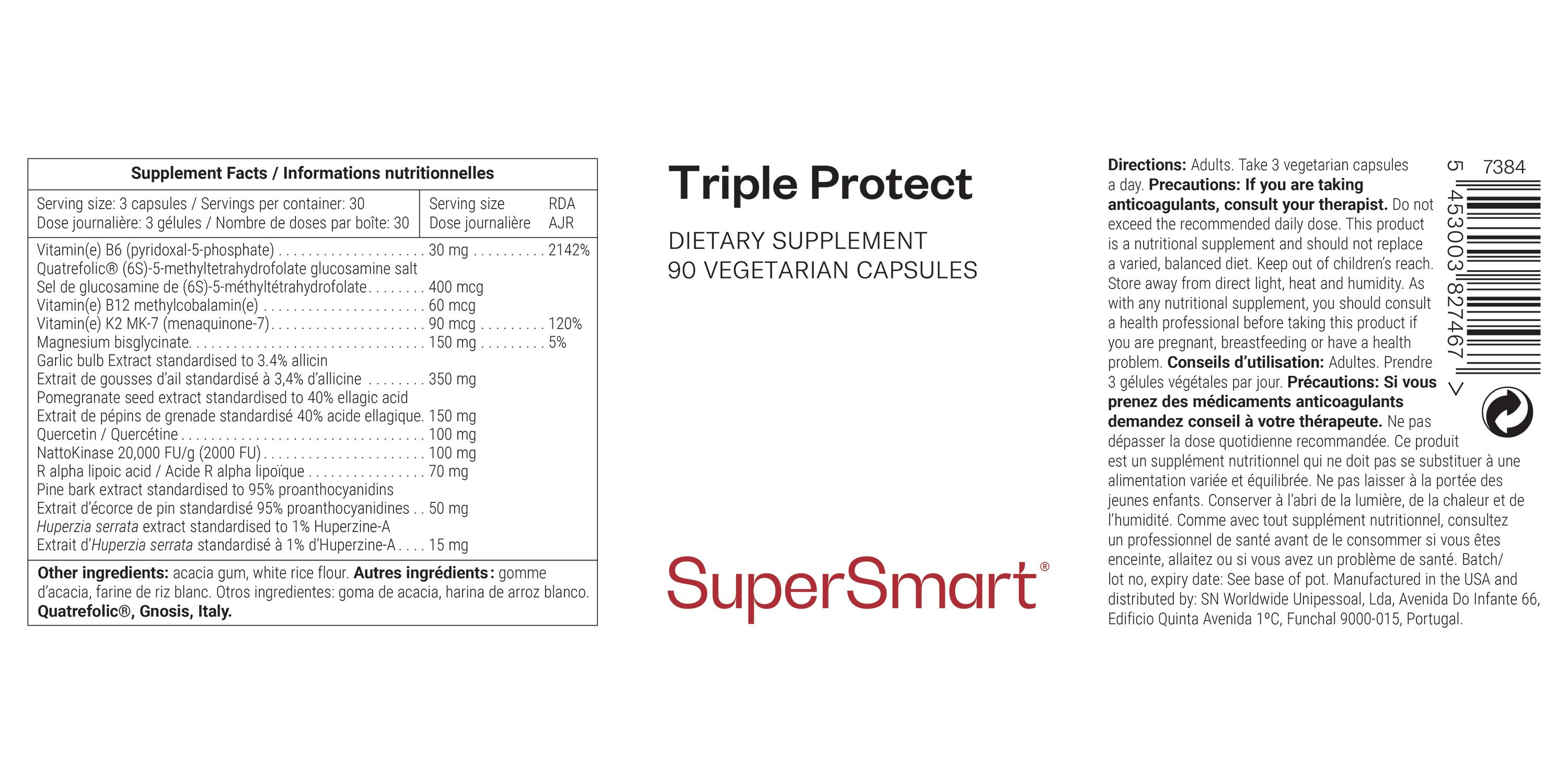 Etikett mit Produktinformationen. "Triple Protect" und "SuperSmart" sind sichtbar. Enthält Nährwertangaben und Inhaltsstoffe.