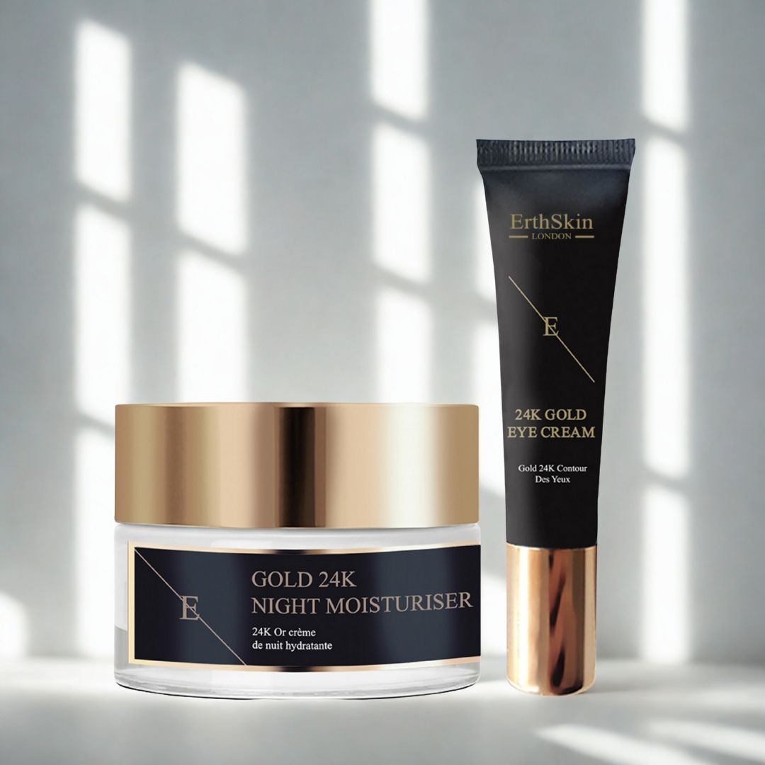ErthSkin London Nachtcreme und Augencreme. Goldfarbene Deckel. Schwarze Etiketten mit weißem Text. Text: 24K Gold.