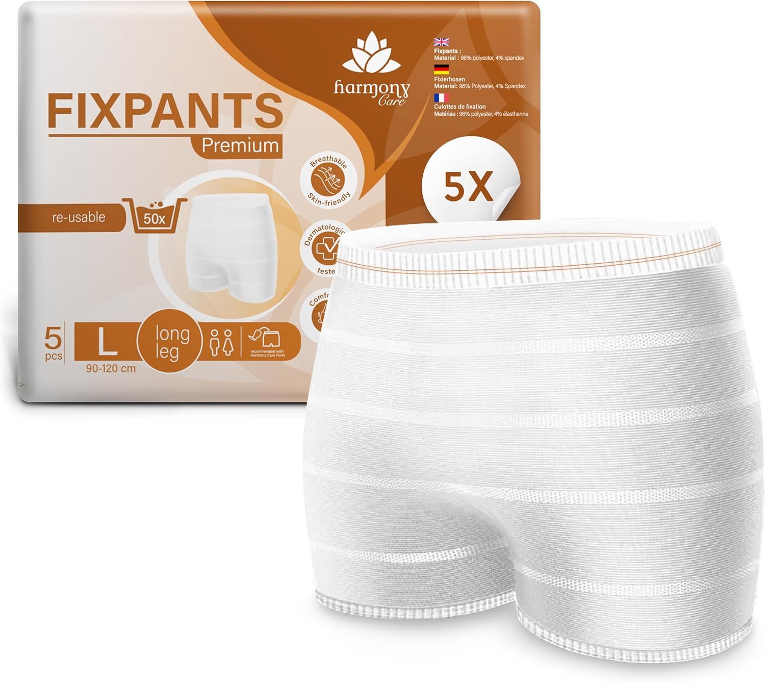 Harmony Care Fixpants Premium: 5er Pack, Größe L, lang, weiß, wiederverwendbar.