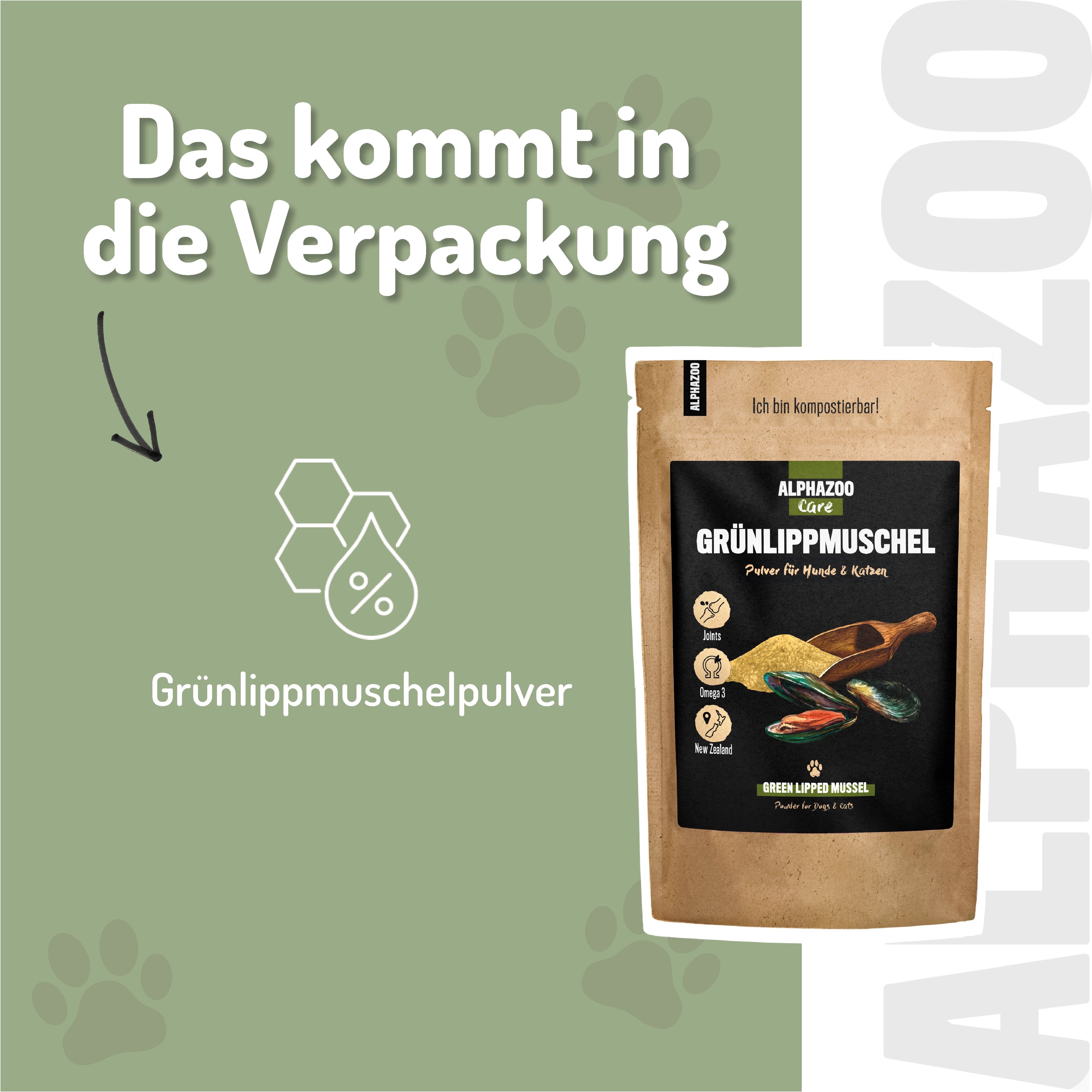 Grafik: Grünlippmuschelpulver. Verpackung abgebildet. Text: Das kommt in die Verpackung.