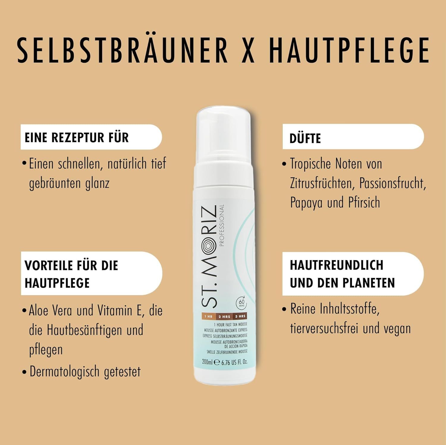 Produktflakon mit Texten auf beigem Hintergrund. Texte: Selbstbräuner X Hautpflege, Vorteile, Düfte, etc.