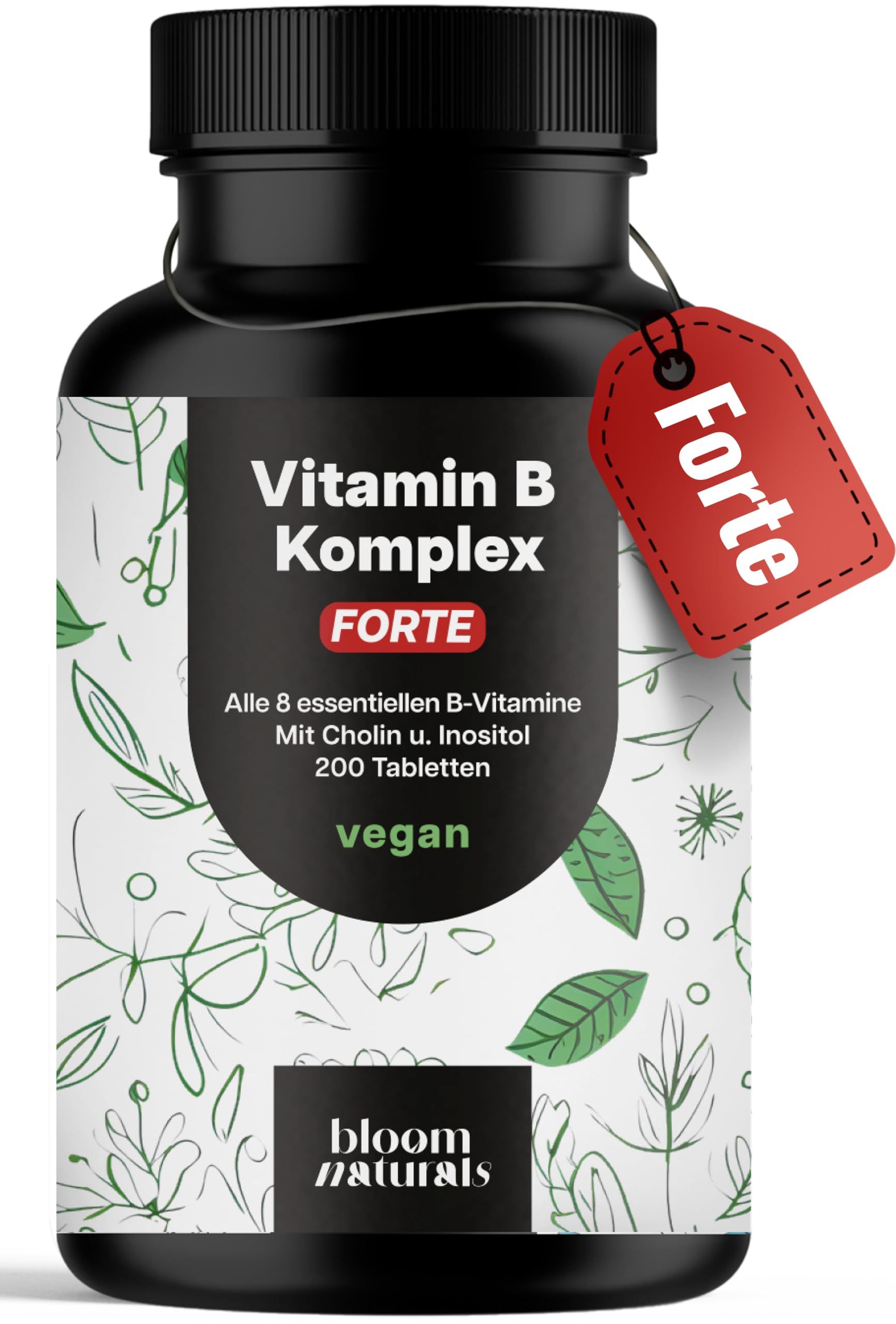 Vitamin B Komplex Forte - 200 Tabletten 8 B-Vitamine mit Cholin & Inositol Bloom Naturals® 50 g