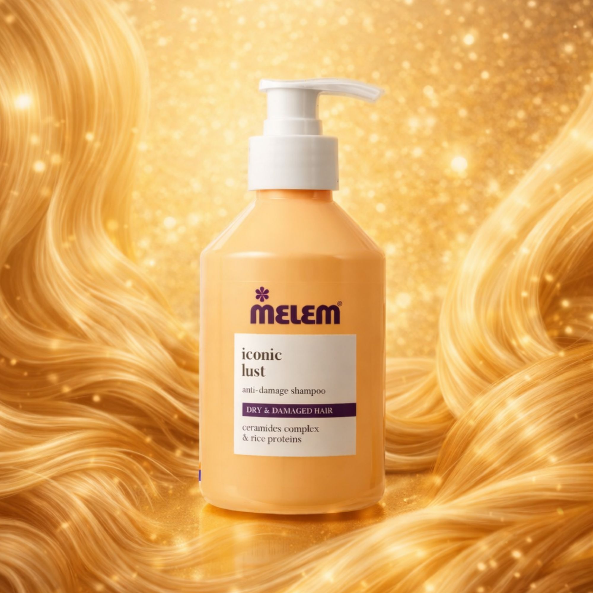 Beige Shampoo-Flasche mit weißem Pumpkopf. Aufschrift: Melem iconic lust. Anti-Damage Shampoo. Für trockenes & geschädigtes Haar. Hintergrund: goldene Haare.