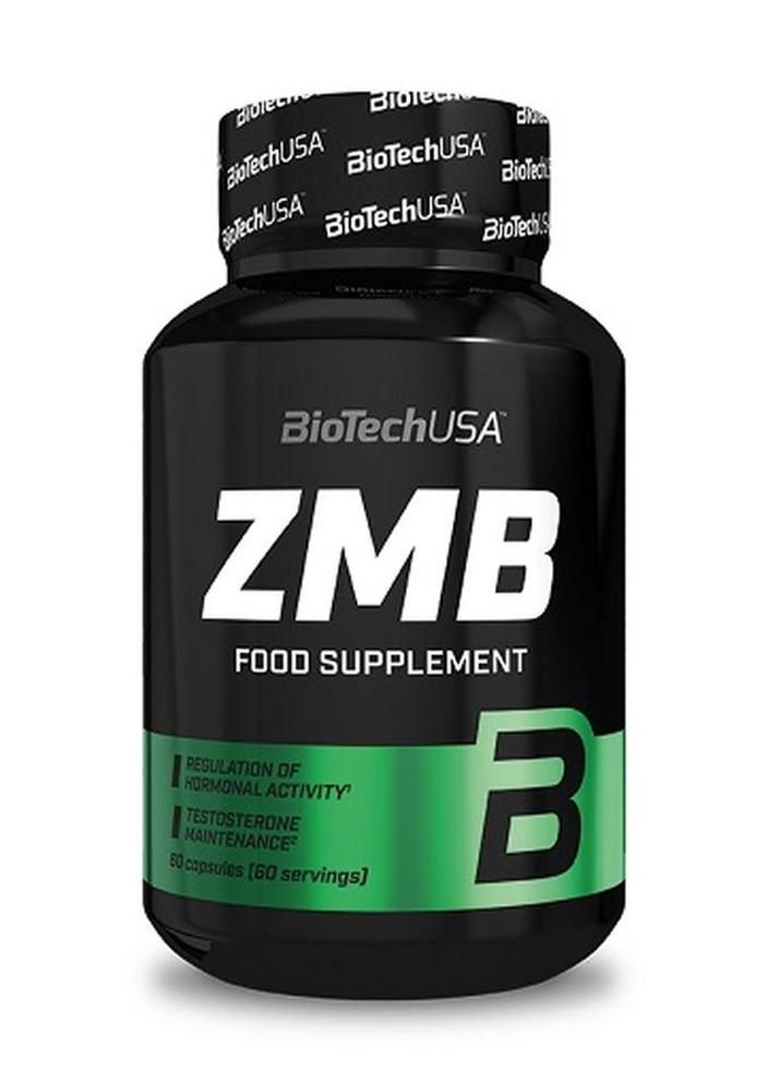 Schwarze Flasche mit "ZMB"-Nahrungsergänzungsmittel. Enthält 60 Kapseln. Marke: BioTechUSA. Grün-weißes Etikett mit Text.