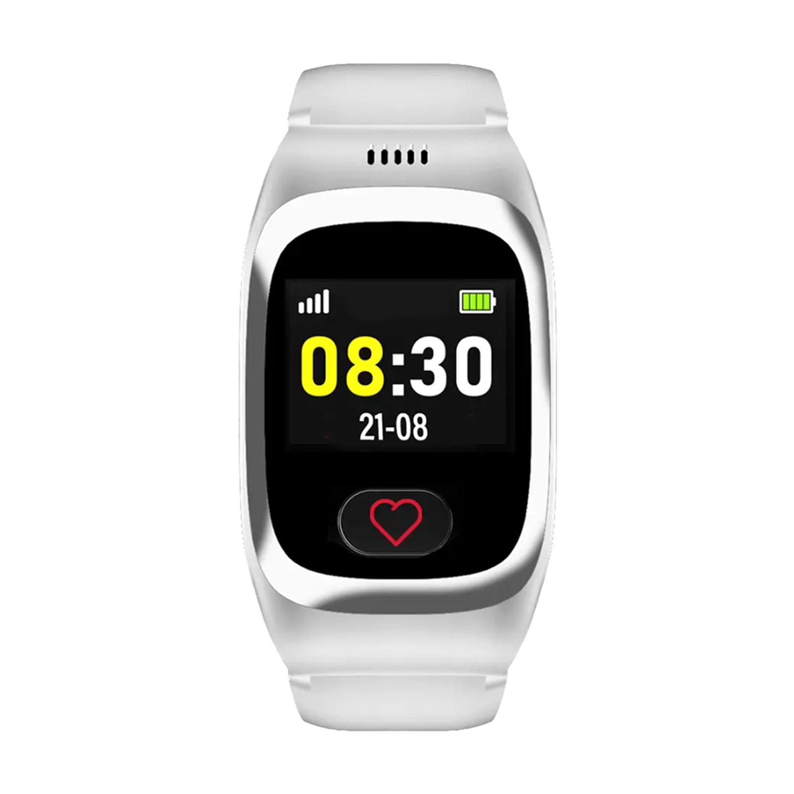 Weiße Smartwatch mit Herzsymbol und Anzeige 08:30.