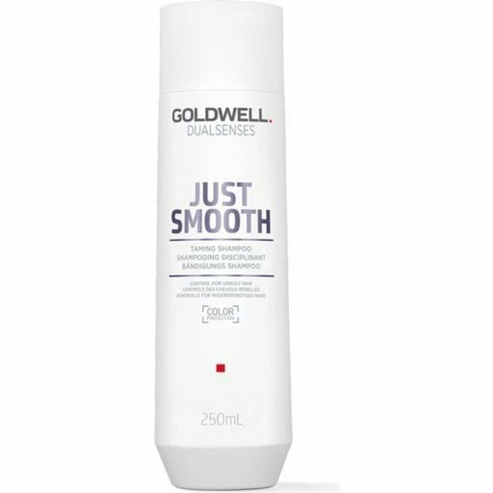 Weiße Flasche mit Goldwell-Logo und Text: JUST SMOOTH Taming Shampoo. 250ml.