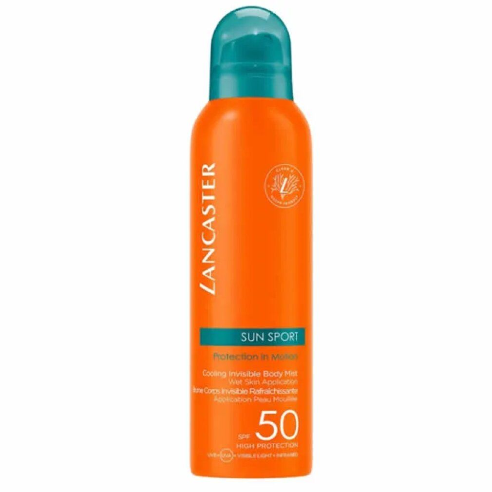 Orangefarbene Sprühflasche mit blauem Deckel. Text: LANCASTER, SUN SPORT, SPF 50. Kühlendes, unsichtbares Körperspray.