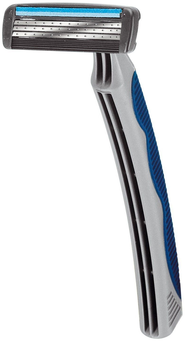 Rasierer mit drei Klingen. Grauer Griff mit blauem Akzent. Schwarzer Klingenkopf mit drei Klingen.