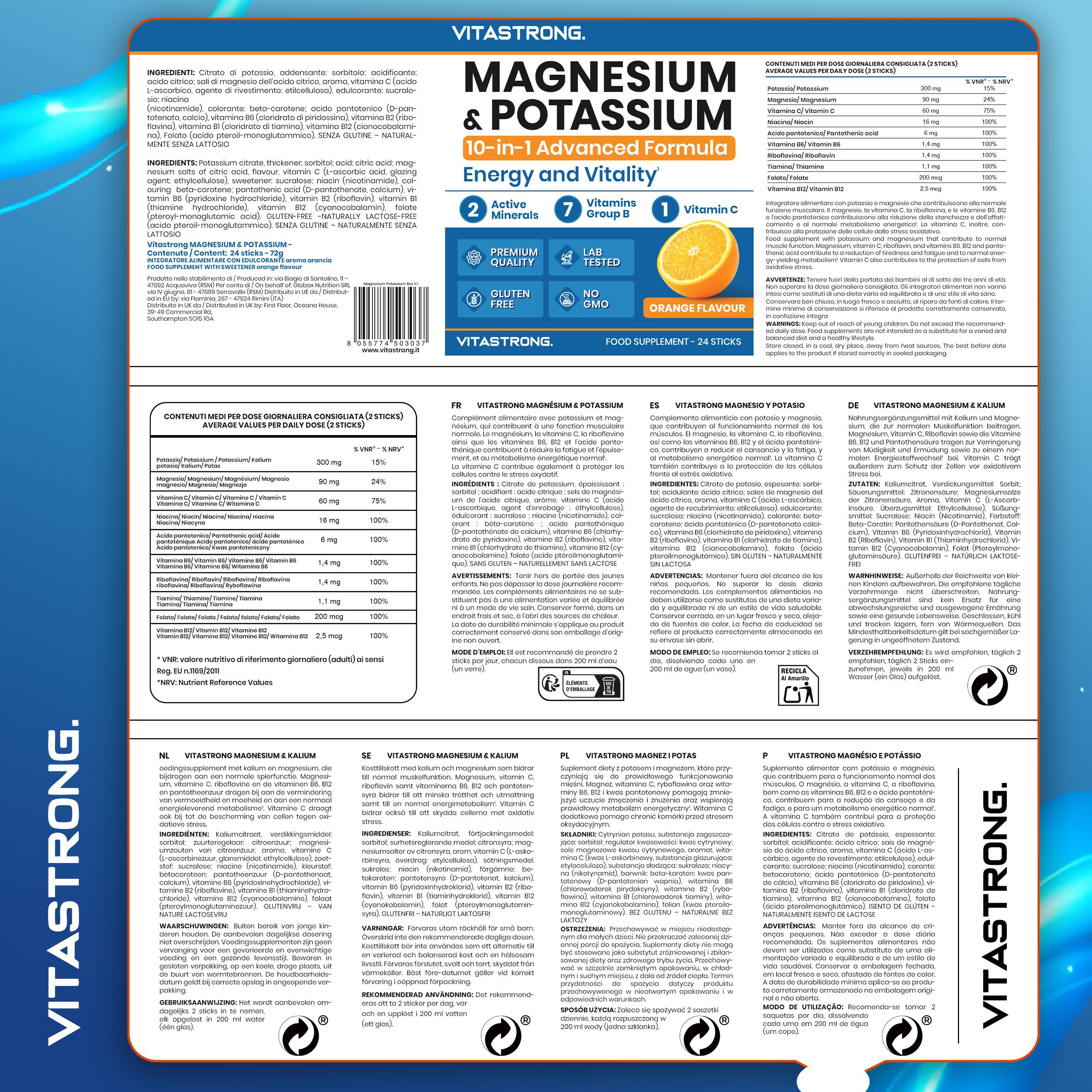 Vitastrong Magnesium & Kalium-Packung. Rückseite mit Inhaltsstoffen und Nährwertangaben. Text in mehreren Sprachen.