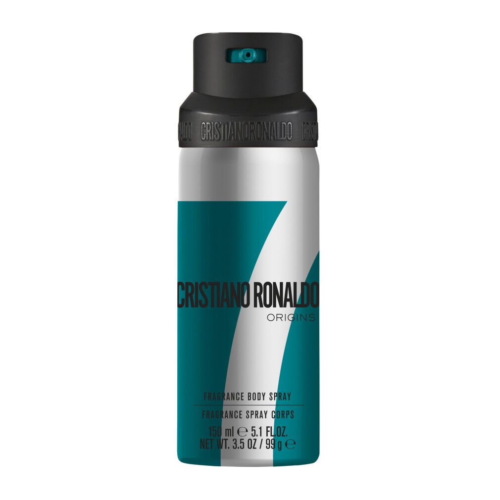 Cristiano Ronaldo 7Origins Body Spray: Silberne Dose mit türkisfarbenem Design und der Zahl 7.