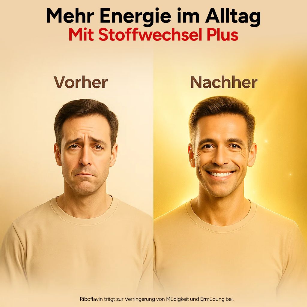 Vorher-Nachher-Bild. Mann mit traurigem Gesicht, dann lächelnd. Text: Mehr Energie im Alltag. Riboflavin trägt zur Verringerung von Müdigkeit bei.