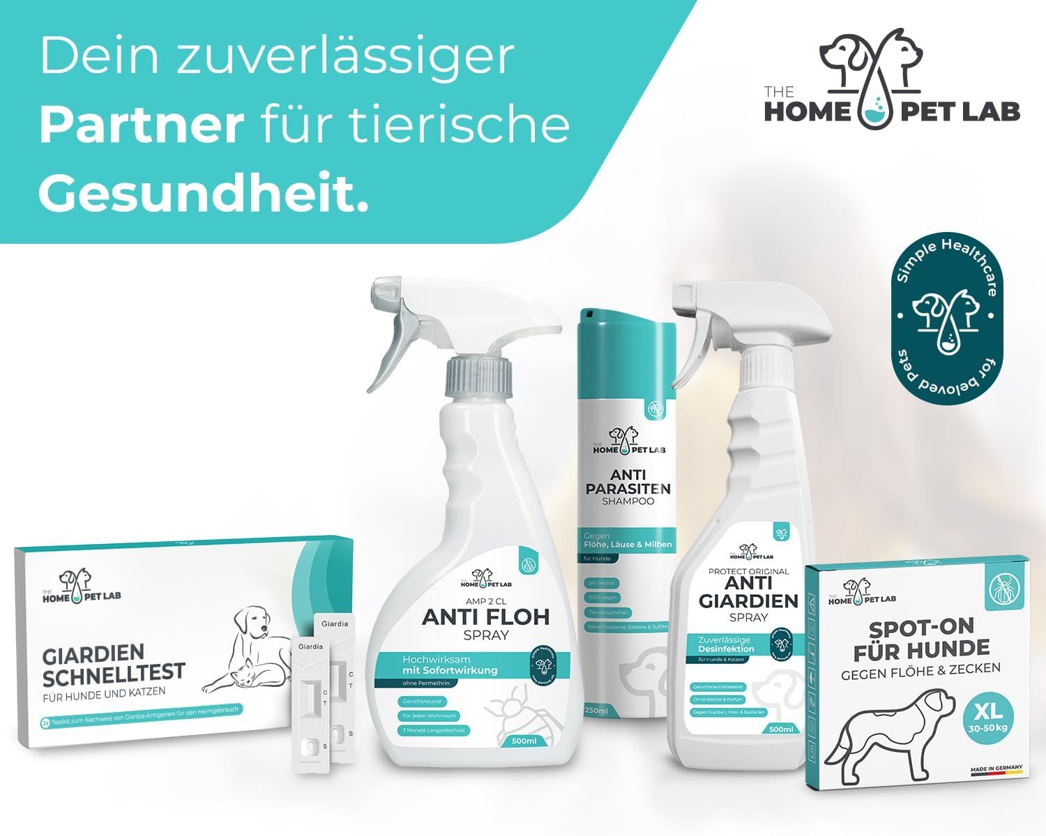 Verschiedene Produkte der Marke HomePetLab: Giardien Schnelltest, Anti Floh Spray, Anti Giardien Spray, Spot-on für Hunde.