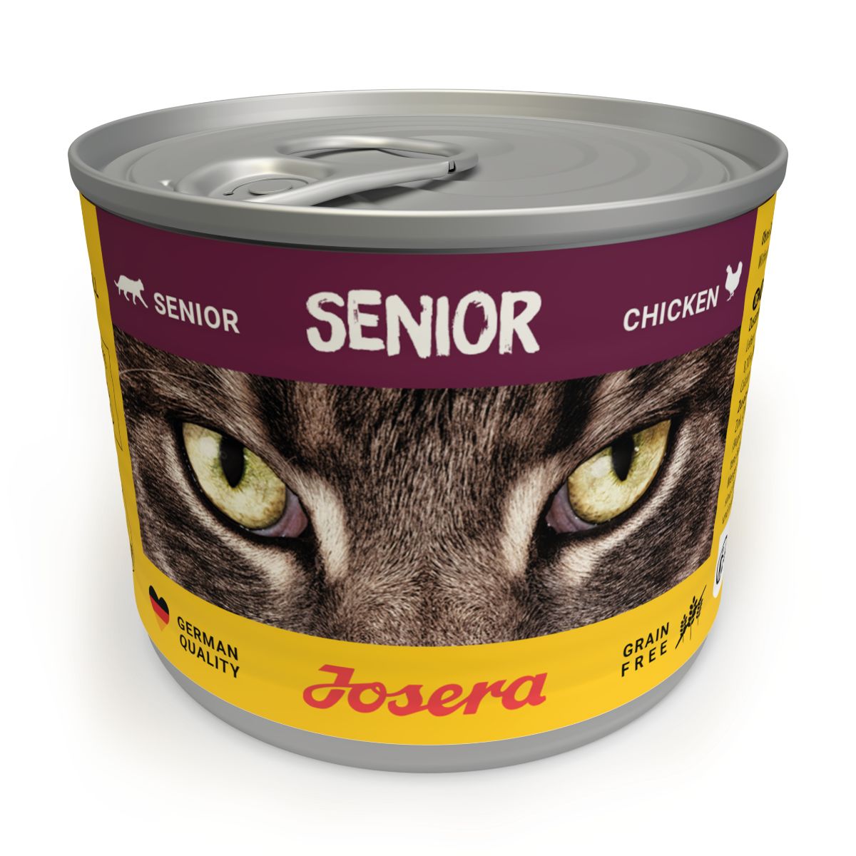 Dosenfutter JOSERA Senior. Aufdruck "SENIOR" und Katzenaugen. "German Quality"-Siegel. "Grain Free".