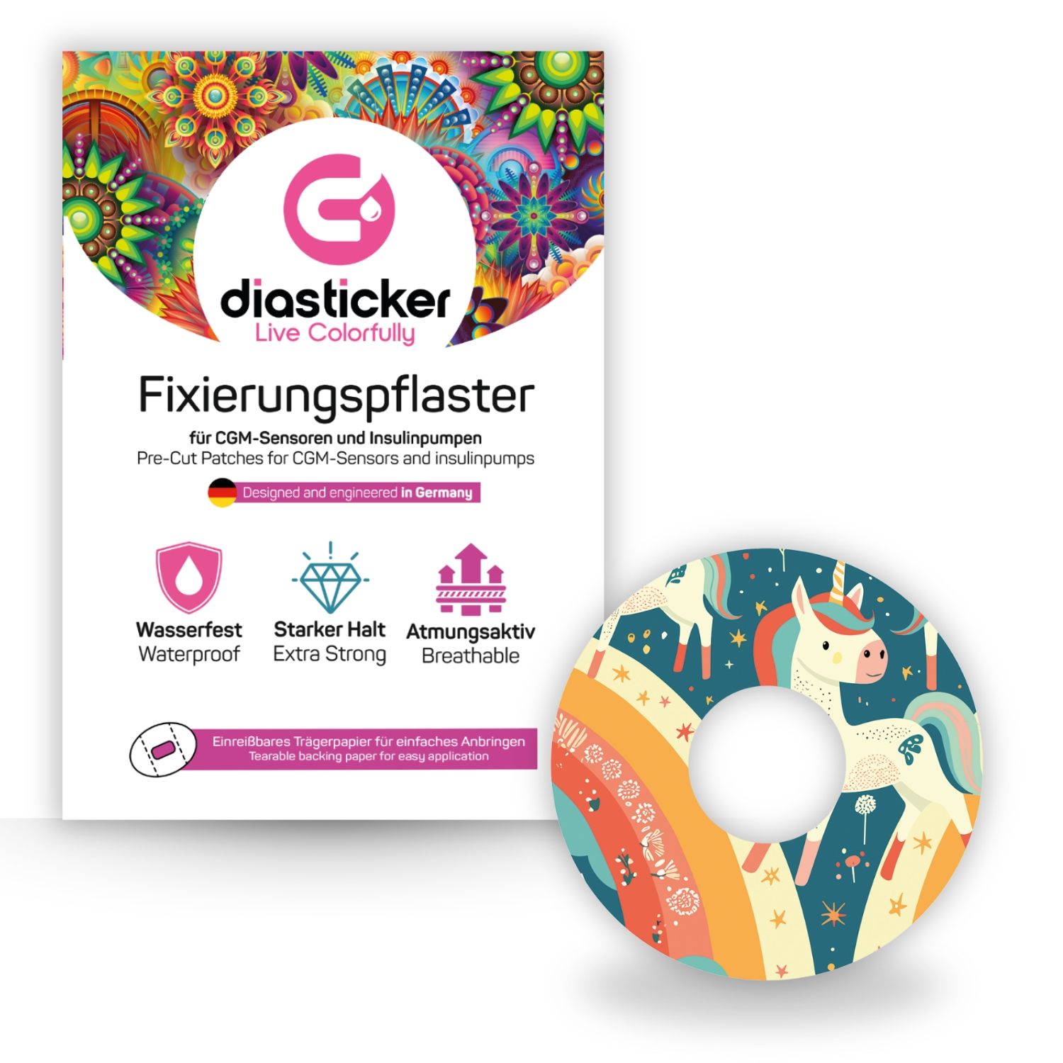 Verpackung und Pflaster. Verpackung mit Logo und Text. Pflaster mit Einhorn-Motiv und Regenbogen.