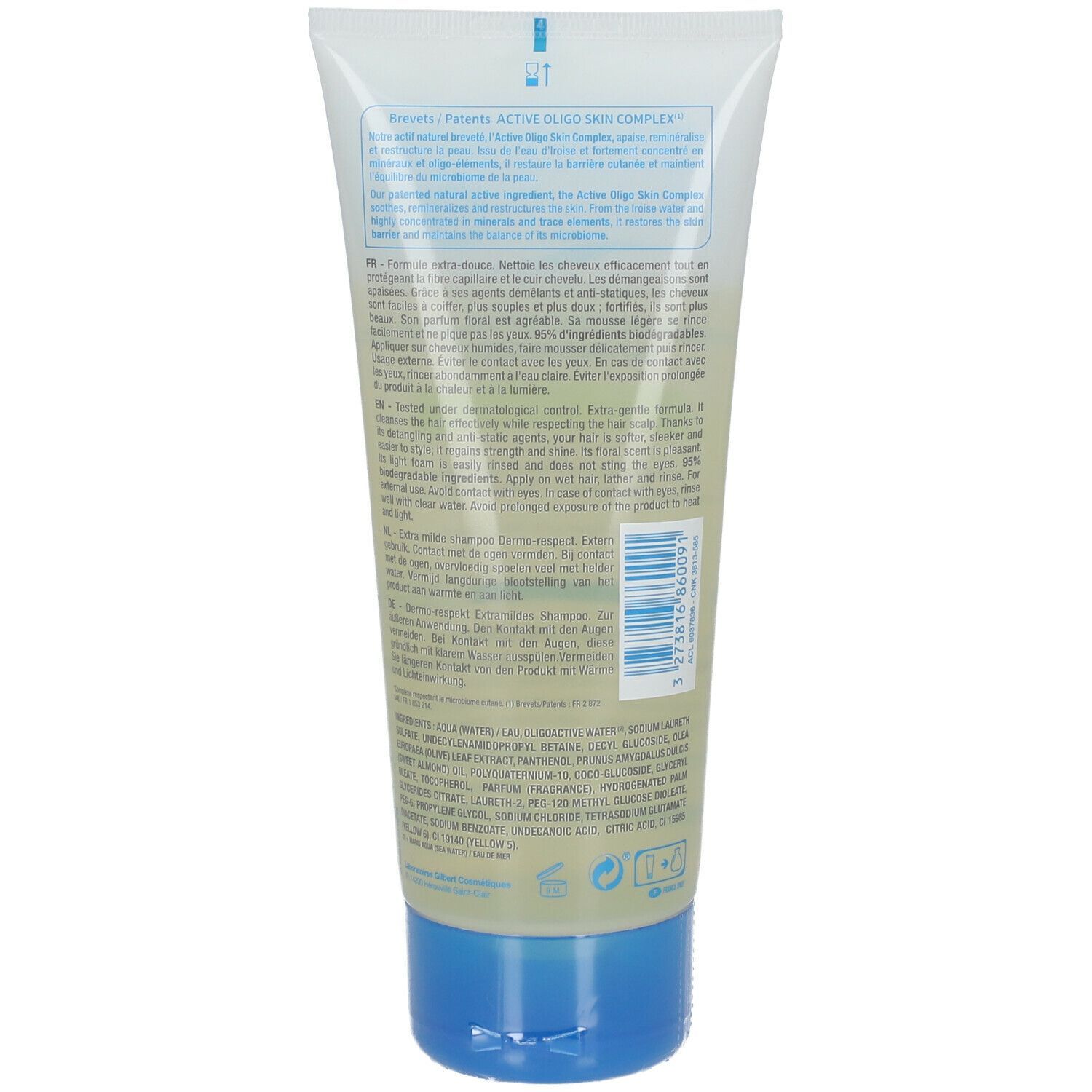 Rückseite einer Neutraderm Shampoo-Tube. Text in mehreren Sprachen, Inhaltsstoffe und Barcode. Blaue Kappe.