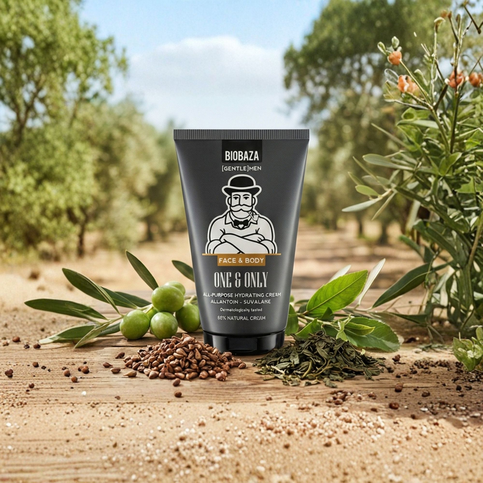 Schwarze Tube mit Produktaufdruck. Aufdruck: Biobaza, Gentleman-Illustration, Schriftzug One & Only, Face & Body.