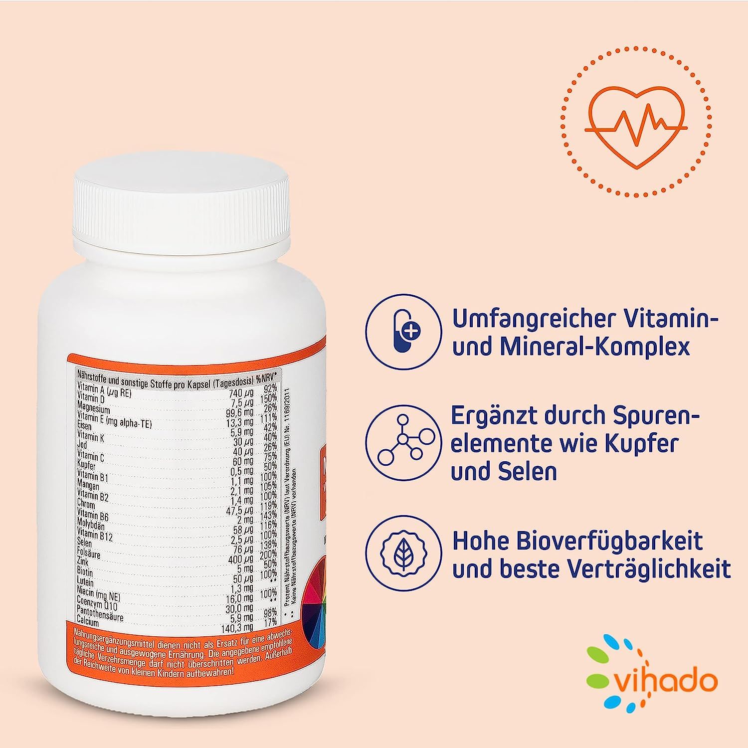 Weiße Flasche mit Kapseln. Aufschrift: Vihado. Etikett mit Nährwertangaben und Text: Umfassender Vitamin- und Mineral-Komplex.