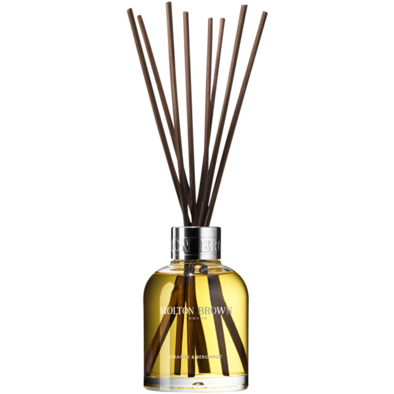 Glasflasche mit braunen Stäbchen. Molton Brown, Orange & Bergamot. Silberner Verschluss.