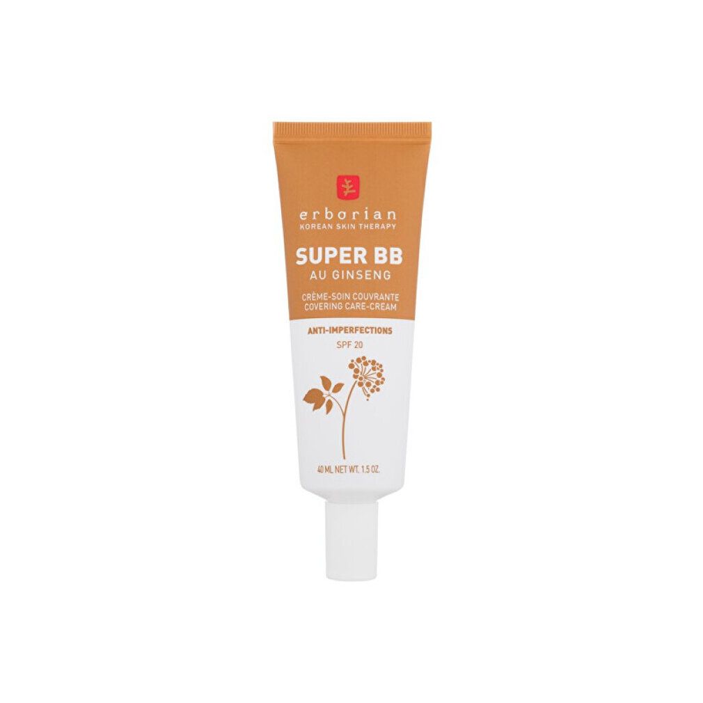 Creme-Tube mit braunem Deckel. Aufschrift: Erborian Super BB au Ginseng, Anti-Imperfektionen, SPF 20. 40 ml.