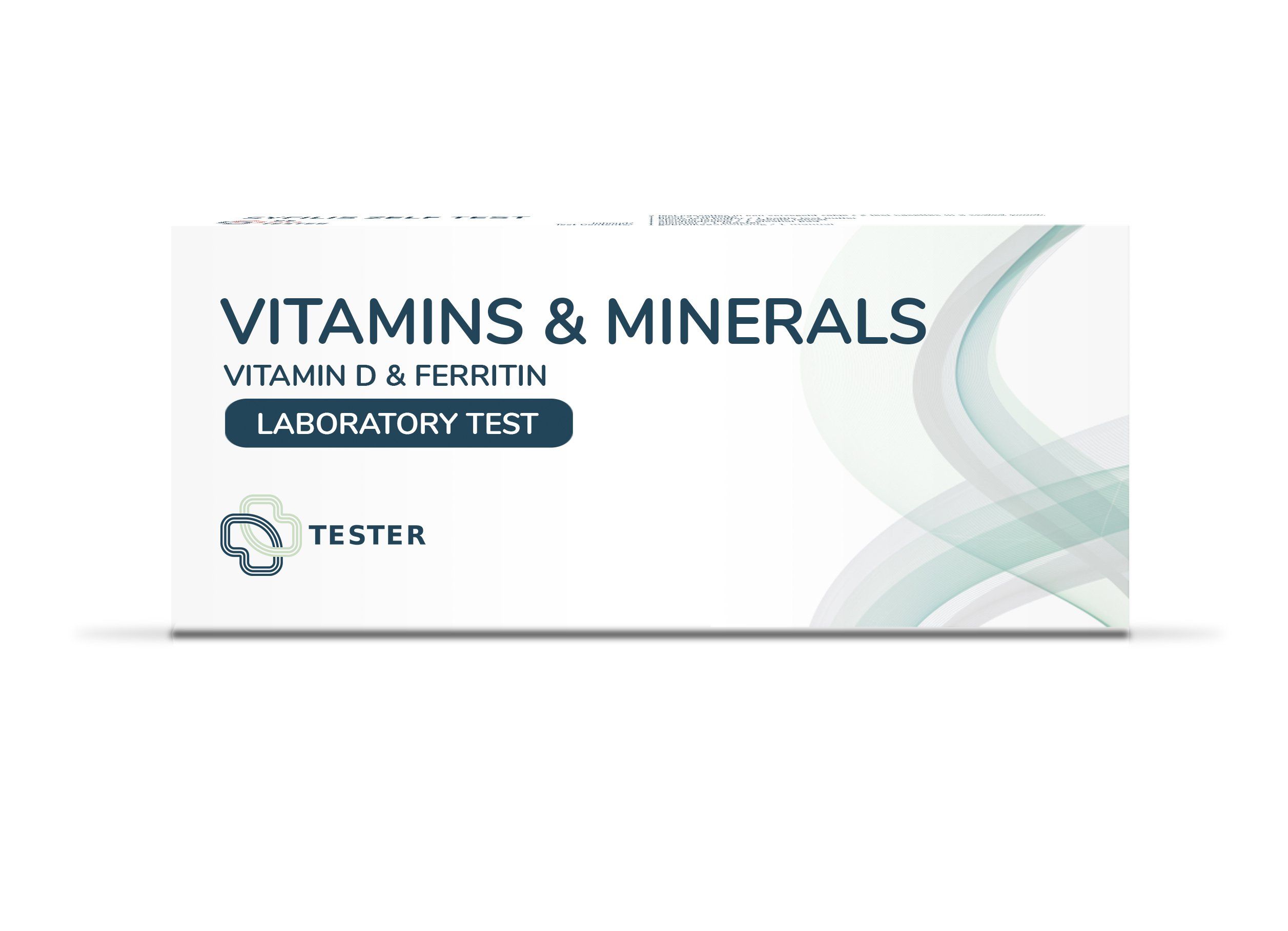 Weißer Karton mit Aufschrift "VITAMINS & MINERALS". Enthält einen Labor-Test für Vitamin D & Ferritin. Logo und "TESTER" sichtbar.