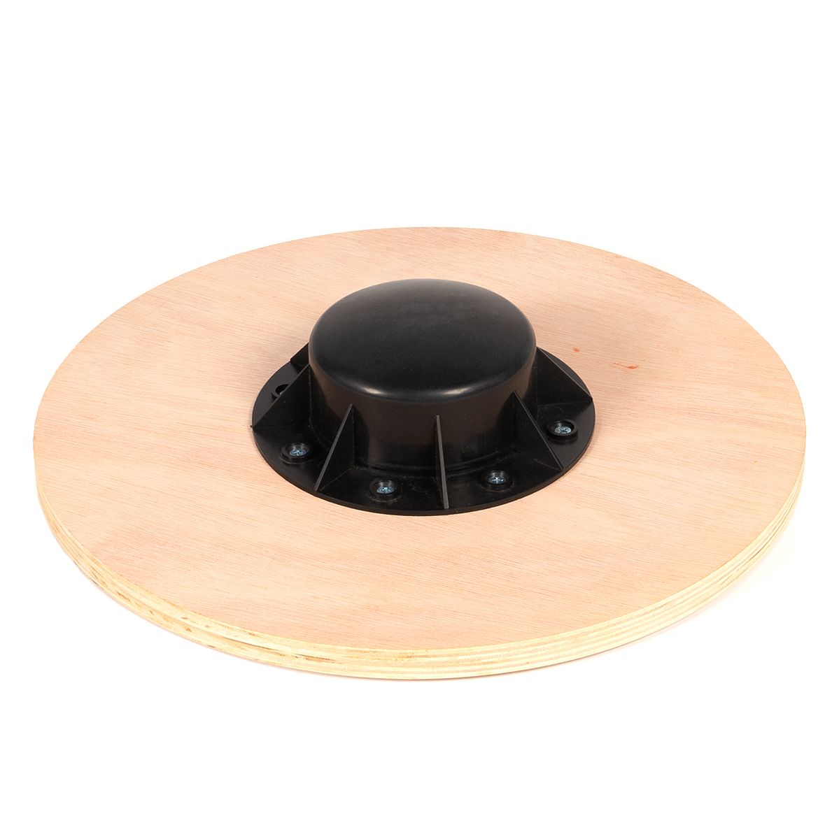 Unterseite eines Balance Boards aus Holz mit schwarzem Kunststofffuß. Holzfarbenes Board.