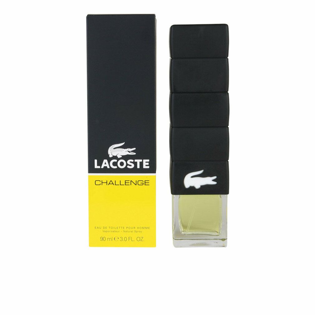 Lacoste Challenge Eau de Toilette Spray. Schwarze Flasche mit gelber Flüssigkeit. Schwarze Verpackung mit Logo und Text.