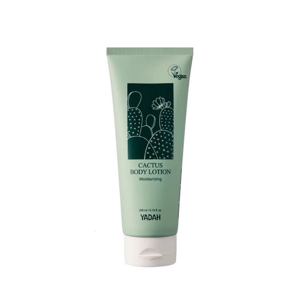 Hellgrüne Tube mit weißem Deckel. Aufdruck: Kaktus-Illustration, Schriftzug "Cactus Body Lotion" und "Yadah". Vegan-Siegel.