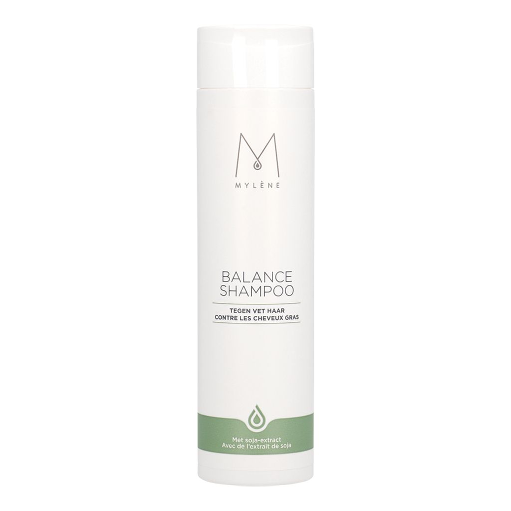 Weiße Flasche Mylène Balance Shampoo gegen fettiges Haar.