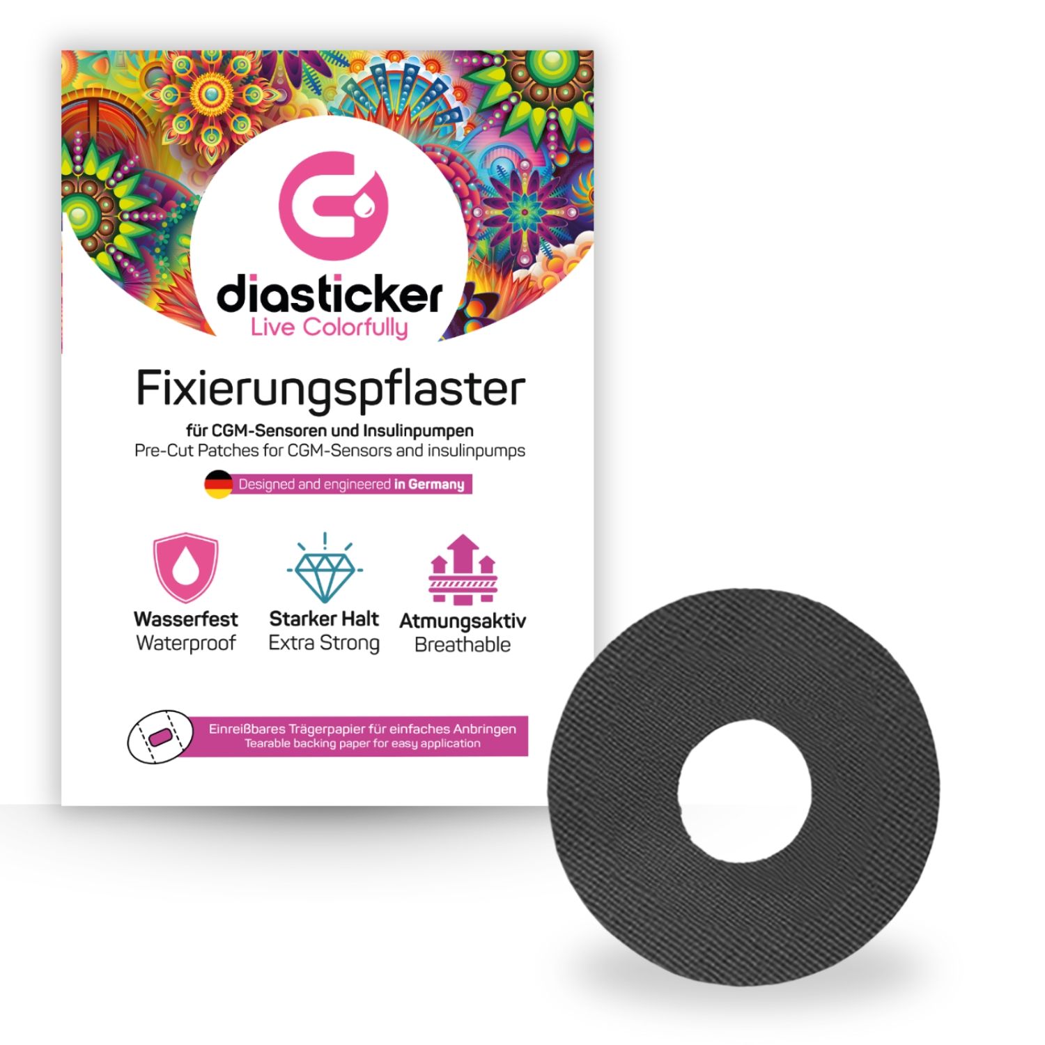 Schwarzes Fixierpflaster mit Loch. Auf der Verpackung: Logo, Schriftzug „diasticker“, „Fixierungspflaster“ und Eigenschaften.