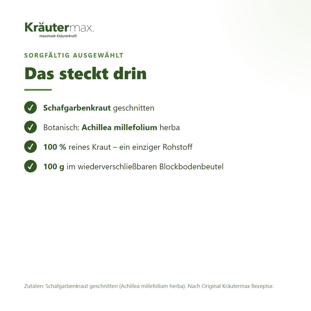 Kräutermax Schafgarbenkraut Tee: Details zu Inhaltsstoffen, 100g im wiederverschließbaren Beutel.