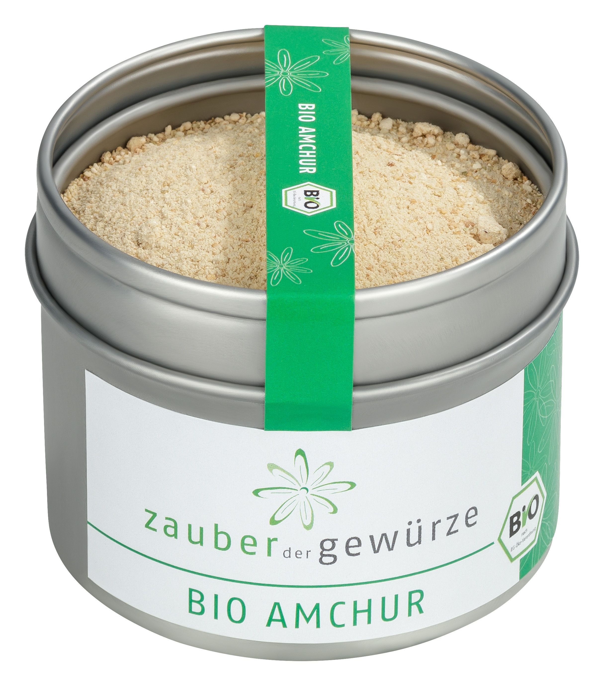 Metallbehälter mit Zauber der Gewürze Bio Amchur. Grünes Etikett mit Logo und Bio-Siegel. Inhalt: helles Pulver.