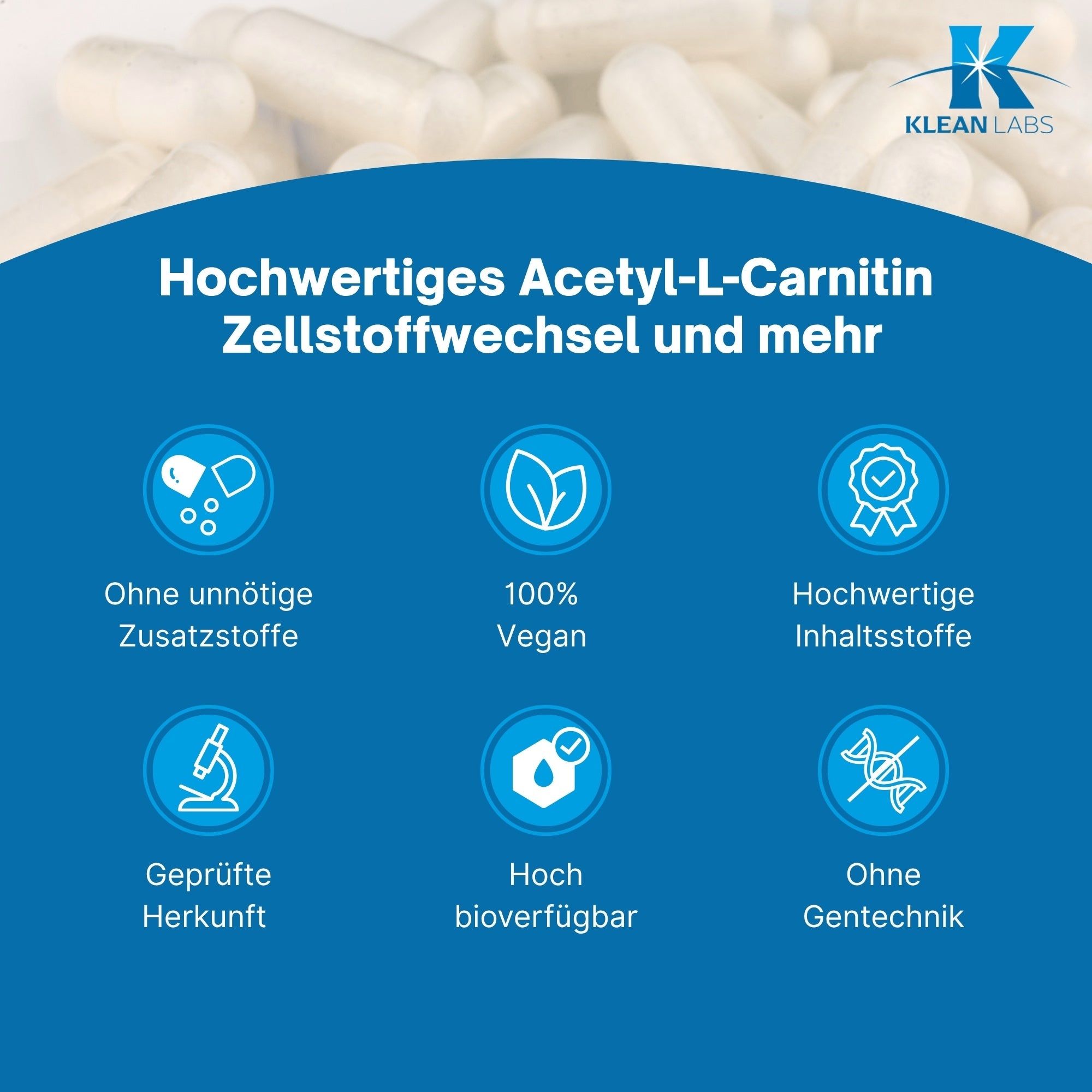 Infografik mit Icons: Vegan, hohe Bioverfügbarkeit, ohne Gentechnik.