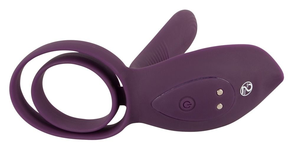 Lila Vibrator mit Ring. Mit Knöpfen. Ansicht von oben.