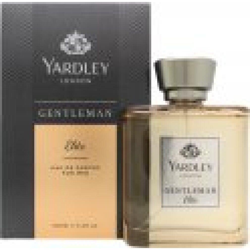 Yardley Gentleman Elite Flakon und Schachtel. Rechteckiger Flakon mit silbernem Verschluss. Schwarze Schachtel mit goldfarbenem Text.