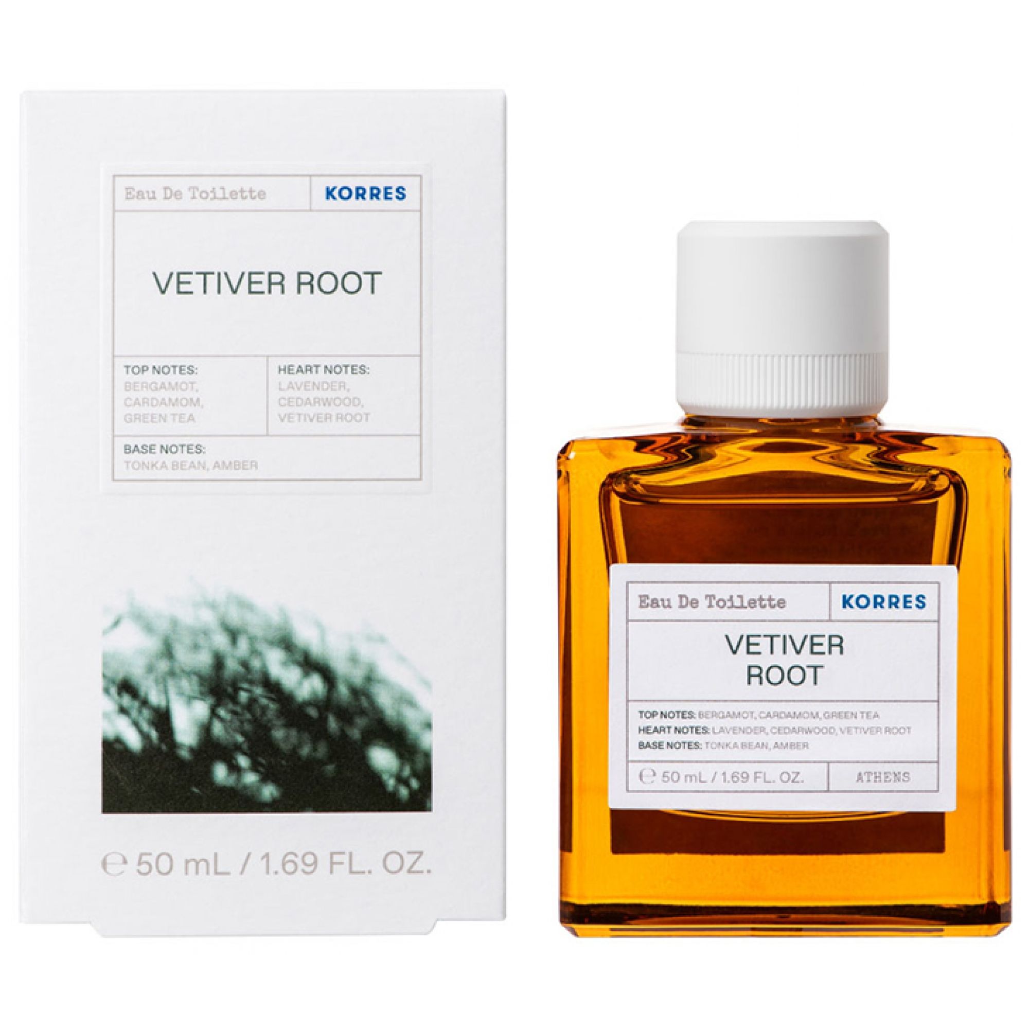 Korres Vetiver Root Eau de Toilette Flakon und Verpackung.