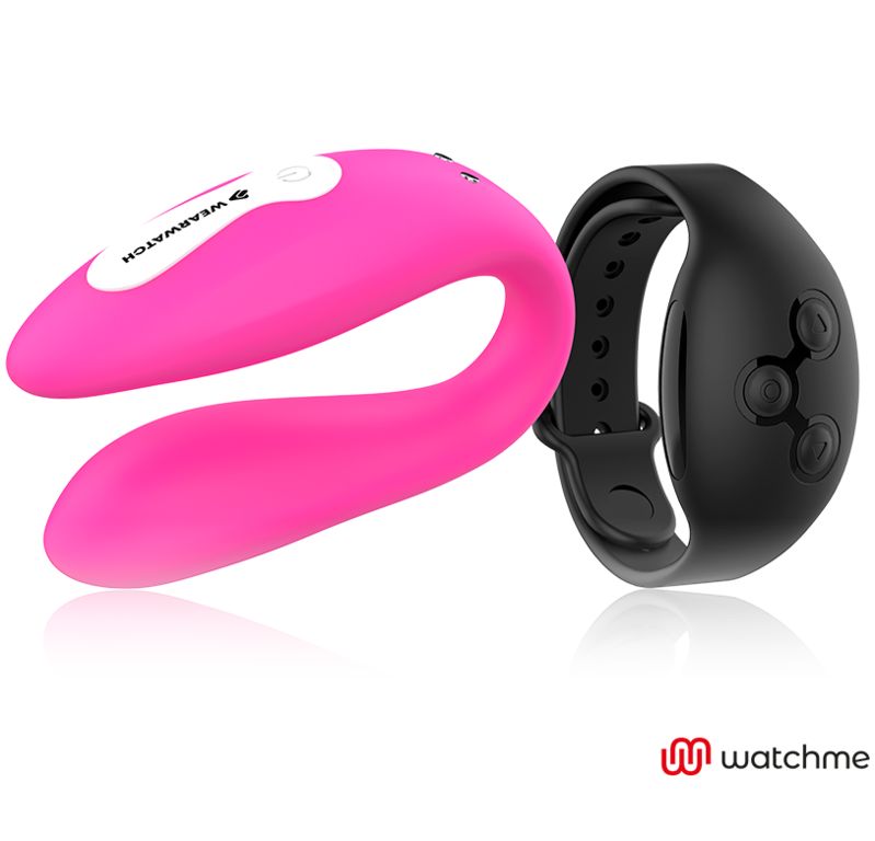 Rosa Vibrator mit schwarzem Armband. Der Vibrator hat die Aufschrift "WEARWATCH". Das Armband hat drei Knöpfe.