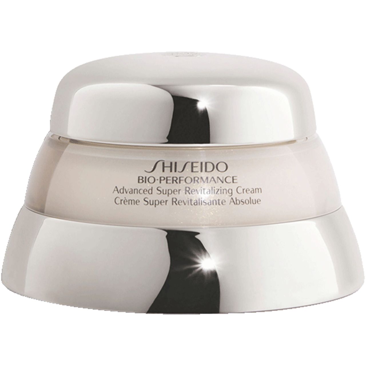Cremebehälter mit silberfarbenem Deckel. Aufschrift: Shiseido Bio-Performance Advanced Super Revitalizing Cream.