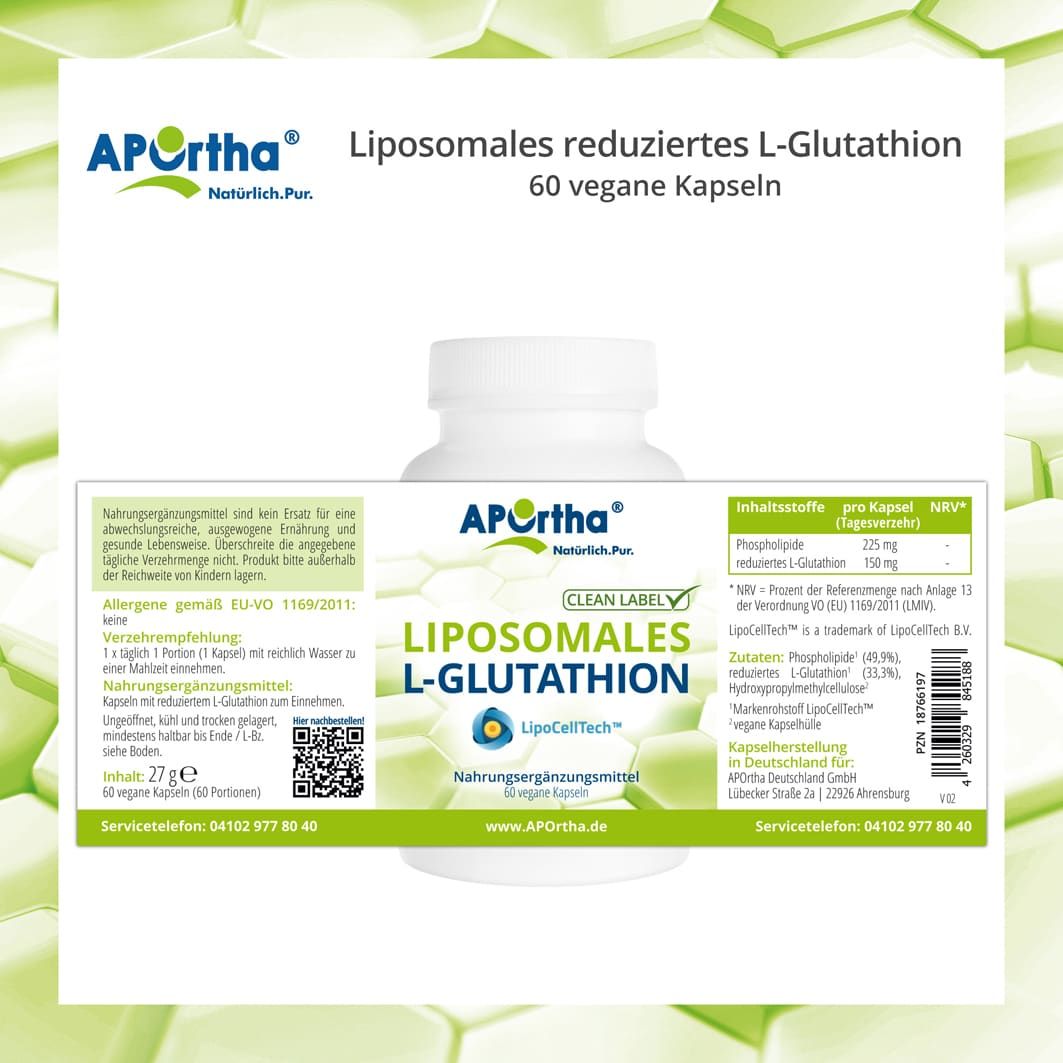 Weiße Flasche mit Etikett. Aufschrift: APOrtha® Liposomales L-Glutathion. 60 vegane Kapseln. Inhaltsstoffe pro Kapsel.