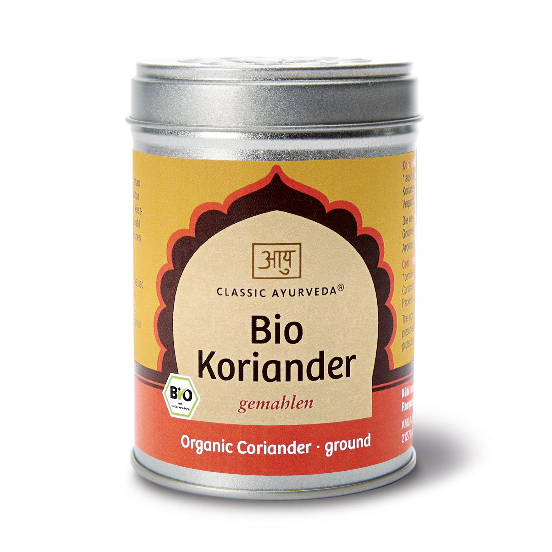 Zylindrische Dose mit Etikett. Aufschrift: Classic Ayurveda, Bio Koriander, gemahlen. Bio-Siegel.