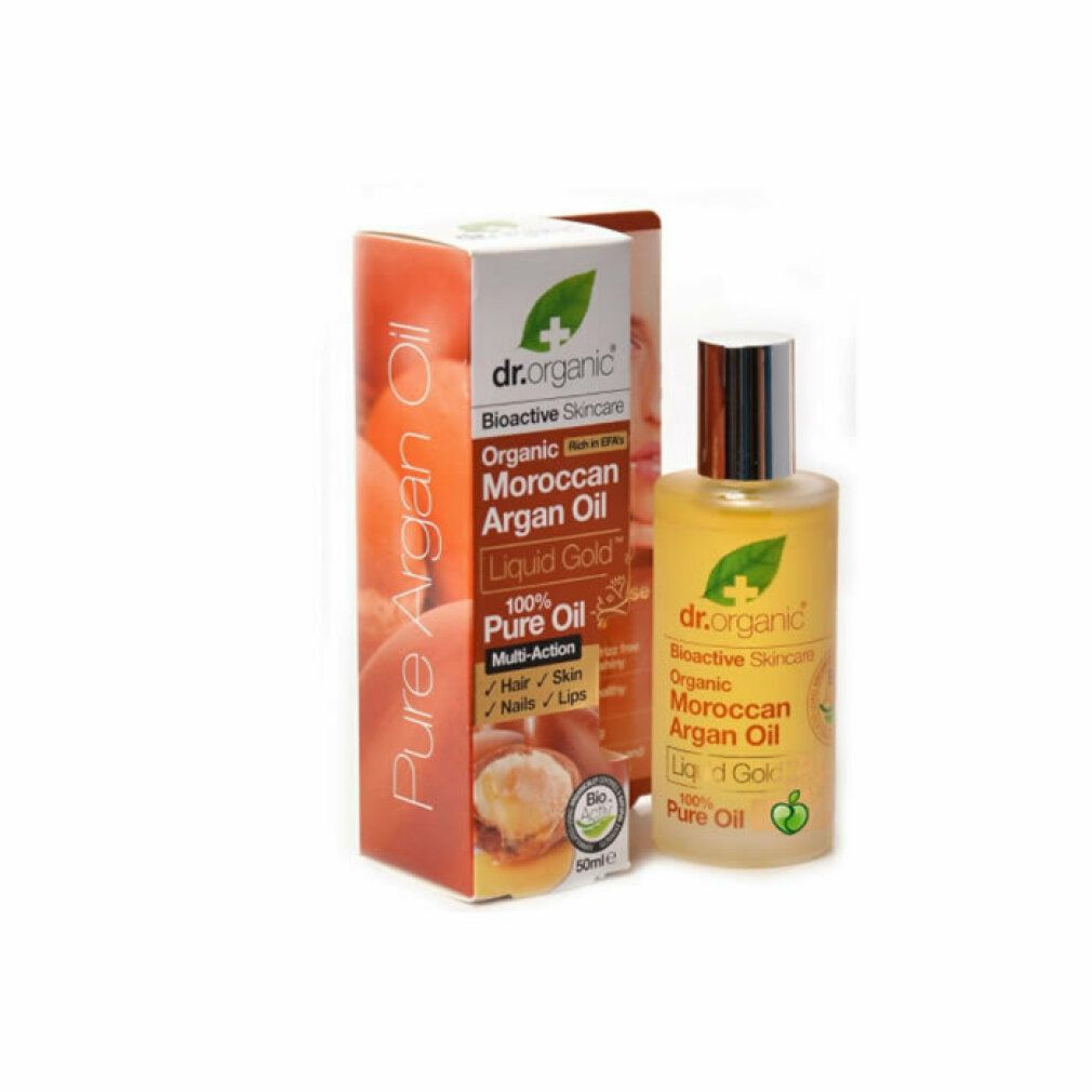 Dr. Organic Moroccan Argan Oil und Verpackung. Flasche mit gelber Flüssigkeit. Aufschrift: 100% Pure Oil. Mehrzweck-Superöl.