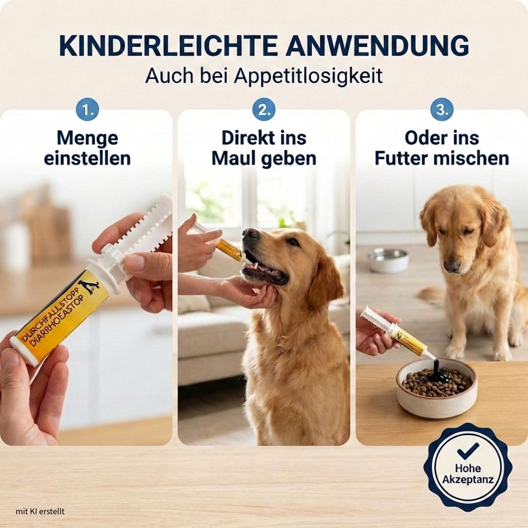 Anwendungsschritte: 1. Menge einstellen. 2. Direkt ins Maul geben. 3. Ins Futter mischen. Produkt: Vetiness Durchfallstopp Paste.