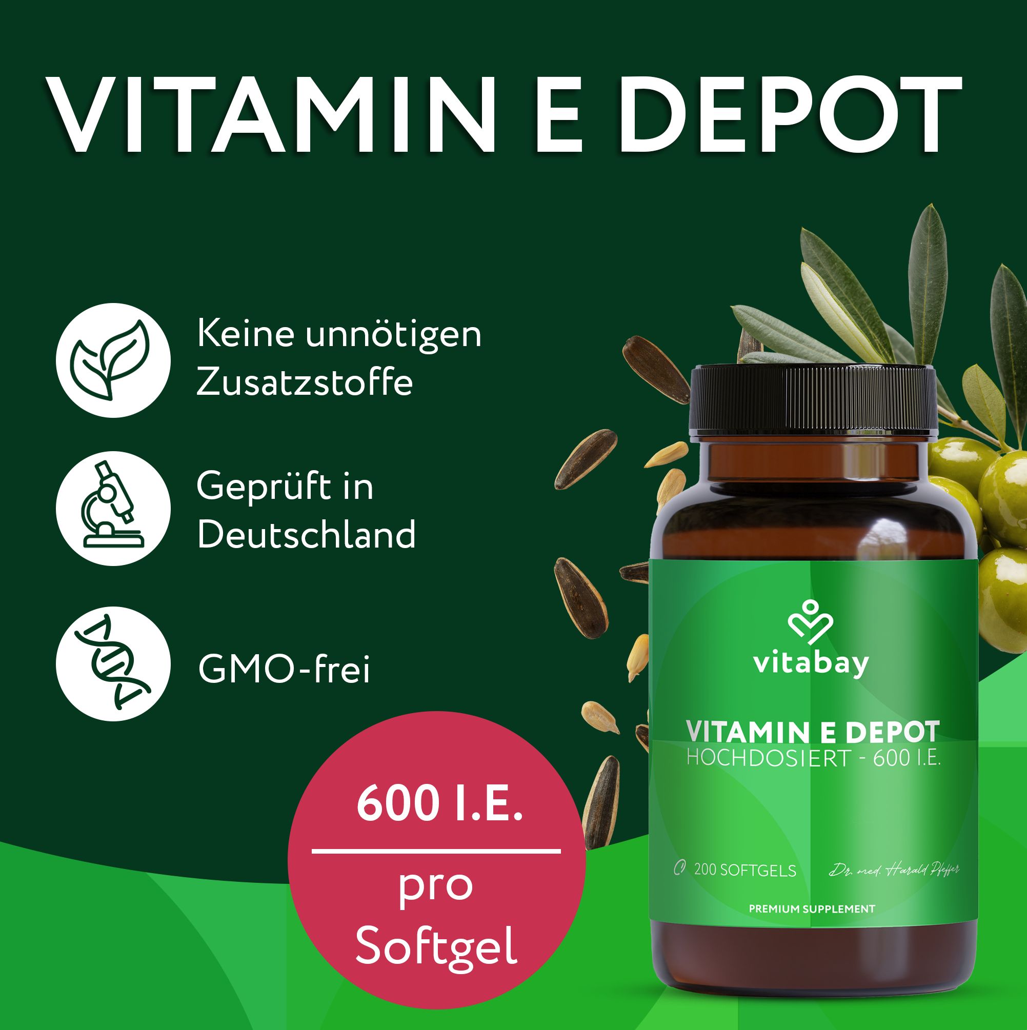 Vitabay Vitamin E Depot: 600 I.E. pro Softgel, geprüft in Deutschland, GMO-frei.